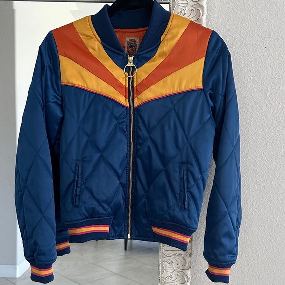 Classic Rock Couture Jackets & Blazers - Classic Rock Couture Blue Bomber Jacket with Orange and Yellow Accents